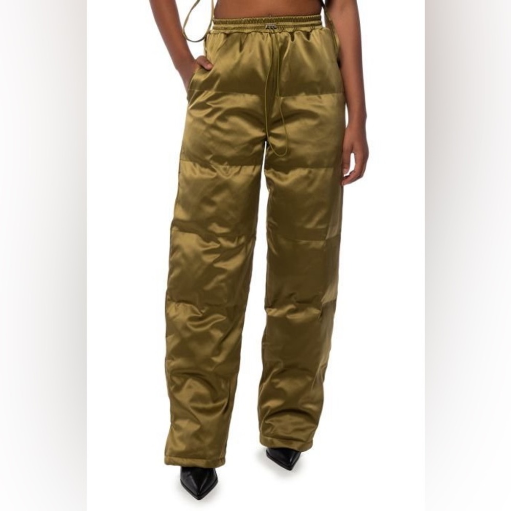 AKIRA Olive Green Satin Puffer Pants